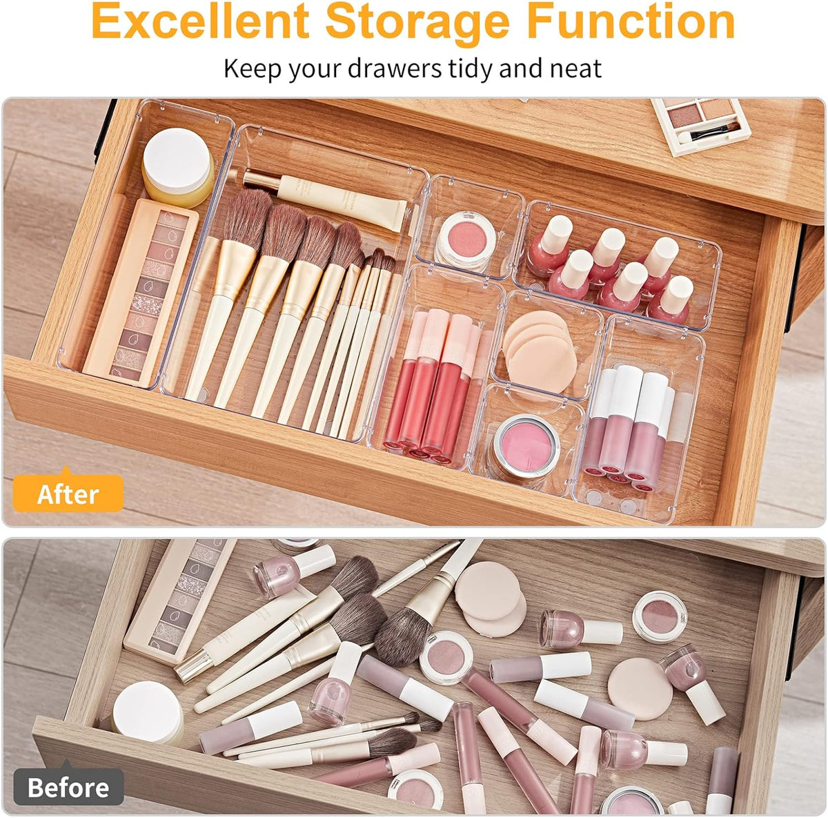 13-Piece Drawer Organizers with Non-Slip Silicone Pads, 5-Size | Clear Desk Bathroom Drawer Organizer Trays Storage Tray for Makeup, Jewelry, Utensils in Bedroom Dresser, Office and Kitchen