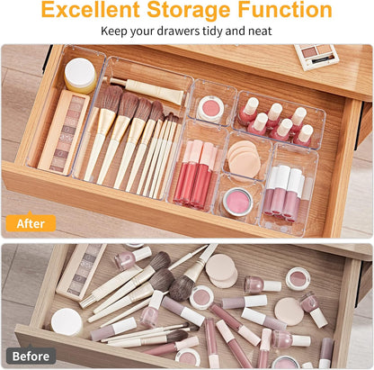 13-Piece Drawer Organizers with Non-Slip Silicone Pads, 5-Size | Clear Desk Bathroom Drawer Organizer Trays Storage Tray for Makeup, Jewelry, Utensils in Bedroom Dresser, Office and Kitchen