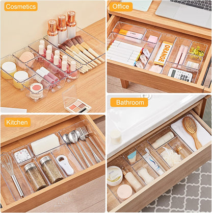 13-Piece Drawer Organizers with Non-Slip Silicone Pads, 5-Size | Clear Desk Bathroom Drawer Organizer Trays Storage Tray for Makeup, Jewelry, Utensils in Bedroom Dresser, Office and Kitchen
