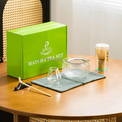 Japanese Tea Set (7pcs) Matcha Whisk Set Matcha Bowl with Pouring Spout Bamboo Matcha Whisk (chasen) Scoop (chashaku) Matcha Whisk Holder Tea Making Kit. WHITE GLASS