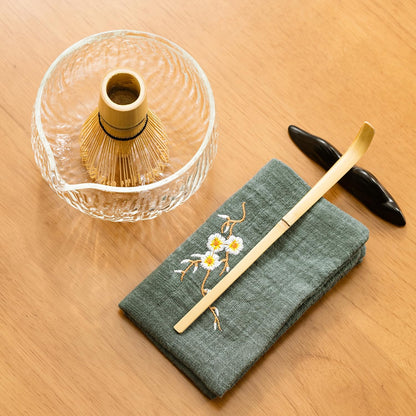 Japanese Tea Set (7pcs) Matcha Whisk Set Matcha Bowl with Pouring Spout Bamboo Matcha Whisk (chasen) Scoop (chashaku) Matcha Whisk Holder Tea Making Kit. WHITE GLASS