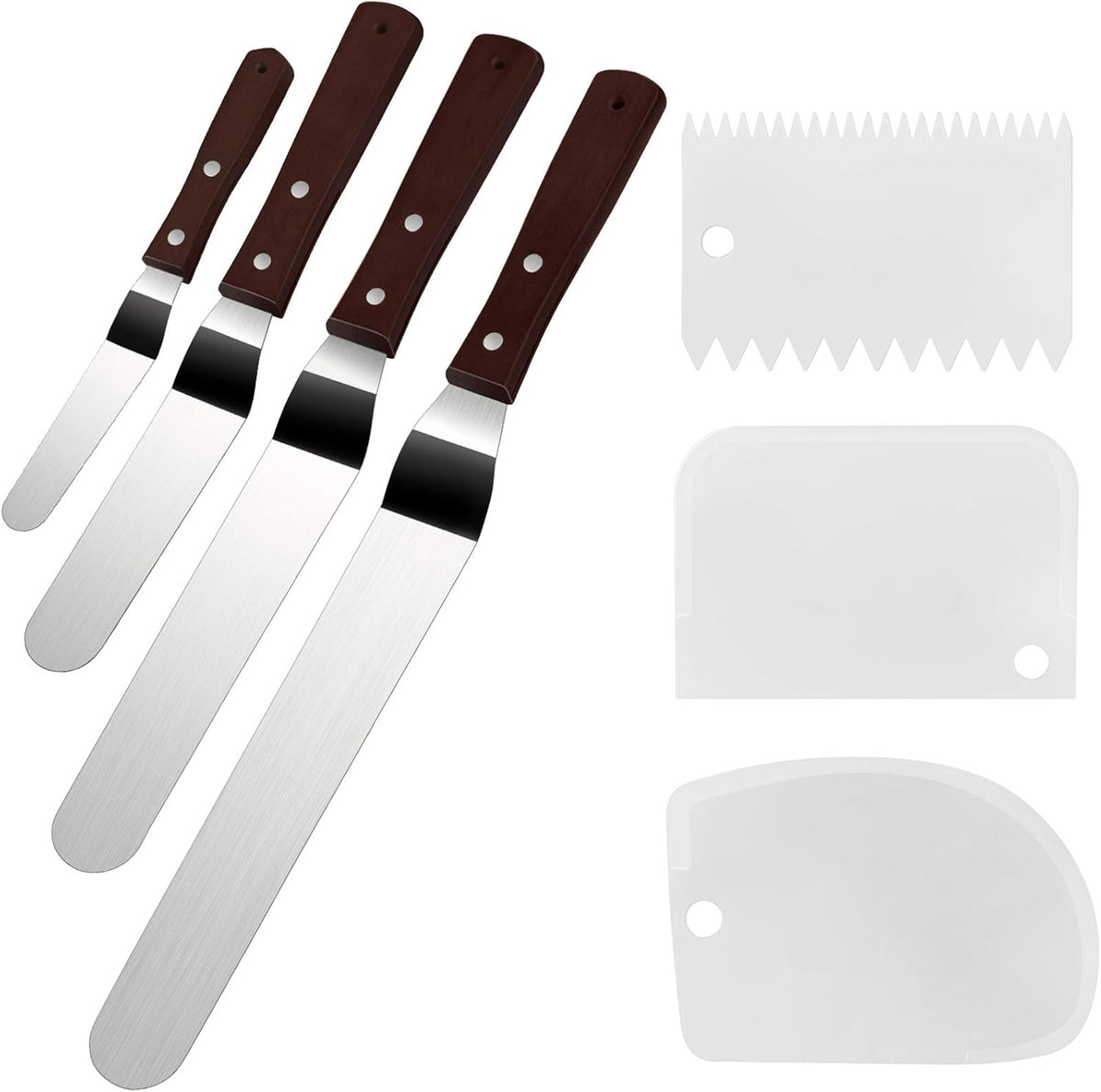 4 Pack Offset Spatula Set for Cake Decorating, Icing and Frosting Scraper | 4, 6, 8 and 10-Inch, Stainless Steel Blades with Wooden Handles, Angled, Includes 3 Plastic Cake Smoothers, Baking