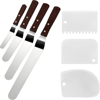 4 Pack Offset Spatula Set for Cake Decorating, Icing and Frosting Scraper | 4, 6, 8 and 10-Inch, Stainless Steel Blades with Wooden Handles, Angled, Includes 3 Plastic Cake Smoothers, Baking