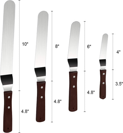 4 Pack Offset Spatula Set for Cake Decorating, Icing and Frosting Scraper | 4, 6, 8 and 10-Inch, Stainless Steel Blades with Wooden Handles, Angled, Includes 3 Plastic Cake Smoothers, Baking