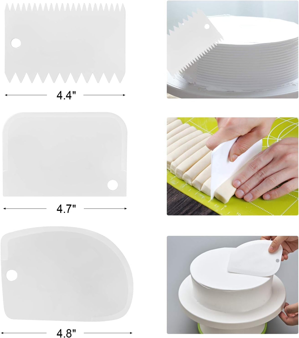 4 Pack Offset Spatula Set for Cake Decorating, Icing and Frosting Scraper | 4, 6, 8 and 10-Inch, Stainless Steel Blades with Wooden Handles, Angled, Includes 3 Plastic Cake Smoothers, Baking