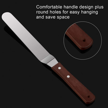 4 Pack Offset Spatula Set for Cake Decorating, Icing and Frosting Scraper | 4, 6, 8 and 10-Inch, Stainless Steel Blades with Wooden Handles, Angled, Includes 3 Plastic Cake Smoothers, Baking