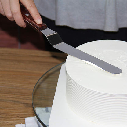 4 Pack Offset Spatula Set for Cake Decorating, Icing and Frosting Scraper | 4, 6, 8 and 10-Inch, Stainless Steel Blades with Wooden Handles, Angled, Includes 3 Plastic Cake Smoothers, Baking