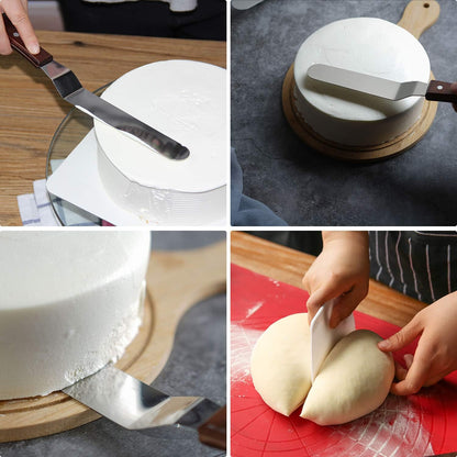 4 Pack Offset Spatula Set for Cake Decorating, Icing and Frosting Scraper | 4, 6, 8 and 10-Inch, Stainless Steel Blades with Wooden Handles, Angled, Includes 3 Plastic Cake Smoothers, Baking