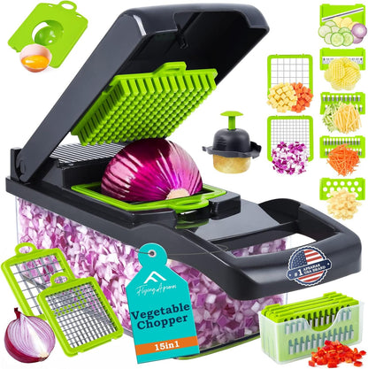 APSARAS USA Pro 15 in1 Vegetable Chopper, Food Chopper with Container, Veggie Cutter & Spiralizer for Onion Salad, Slicer&Spiralizer(Home Essential Gadget&Kitchen) 1.5L