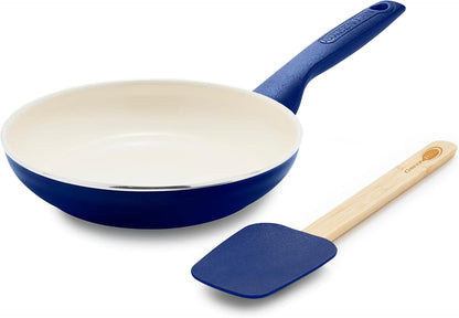 Rio Healthy Ceramic Nonstick 8" Frying Pan Skillet and Silicone Spatula Set, Soft Grip Handle, Breaktfast Meal Set, PFAS-Free, Dishwasher Safe, Oven Safe, Oxford Blue