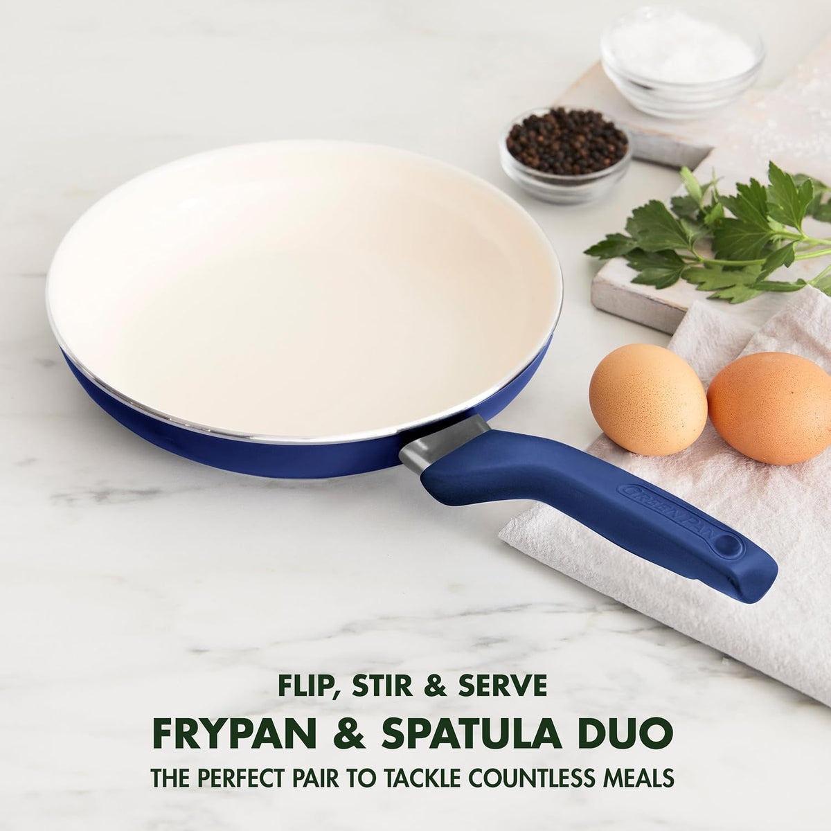 Rio Healthy Ceramic Nonstick 8" Frying Pan Skillet and Silicone Spatula Set, Soft Grip Handle, Breaktfast Meal Set, PFAS-Free, Dishwasher Safe, Oven Safe, Oxford Blue