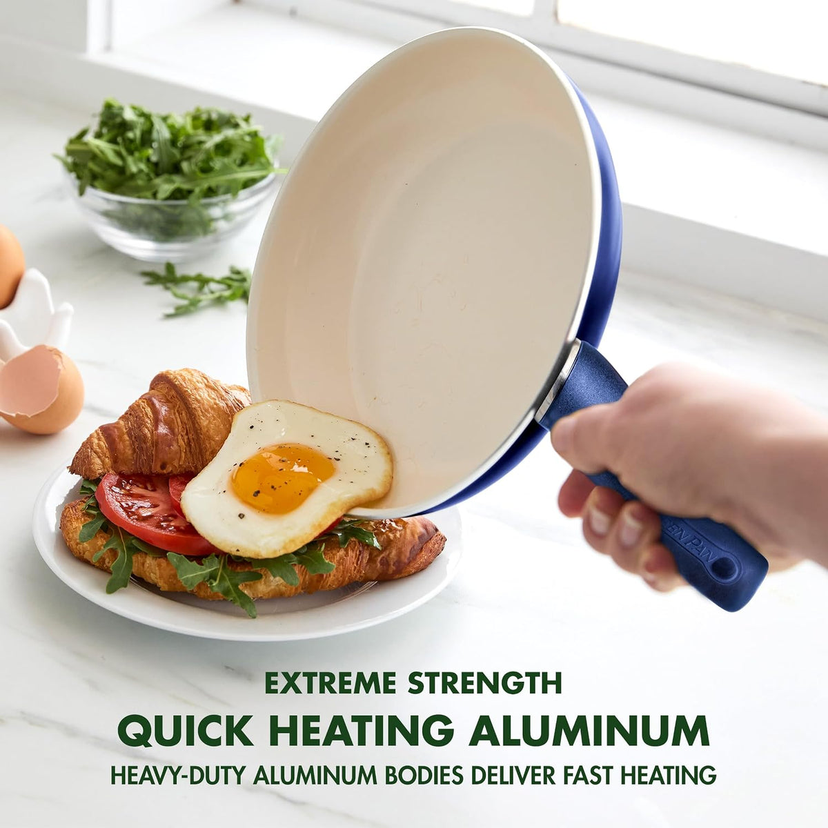 Rio Healthy Ceramic Nonstick 8" Frying Pan Skillet and Silicone Spatula Set, Soft Grip Handle, Breaktfast Meal Set, PFAS-Free, Dishwasher Safe, Oven Safe, Oxford Blue