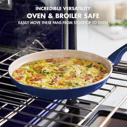 Rio Healthy Ceramic Nonstick 8" Frying Pan Skillet and Silicone Spatula Set, Soft Grip Handle, Breaktfast Meal Set, PFAS-Free, Dishwasher Safe, Oven Safe, Oxford Blue