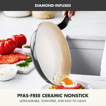 Rio Healthy Ceramic Nonstick 8" Frying Pan Skillet and Silicone Spatula Set, Soft Grip Handle, Breaktfast Meal Set, PFAS-Free, Dishwasher Safe, Oven Safe, Oxford Blue