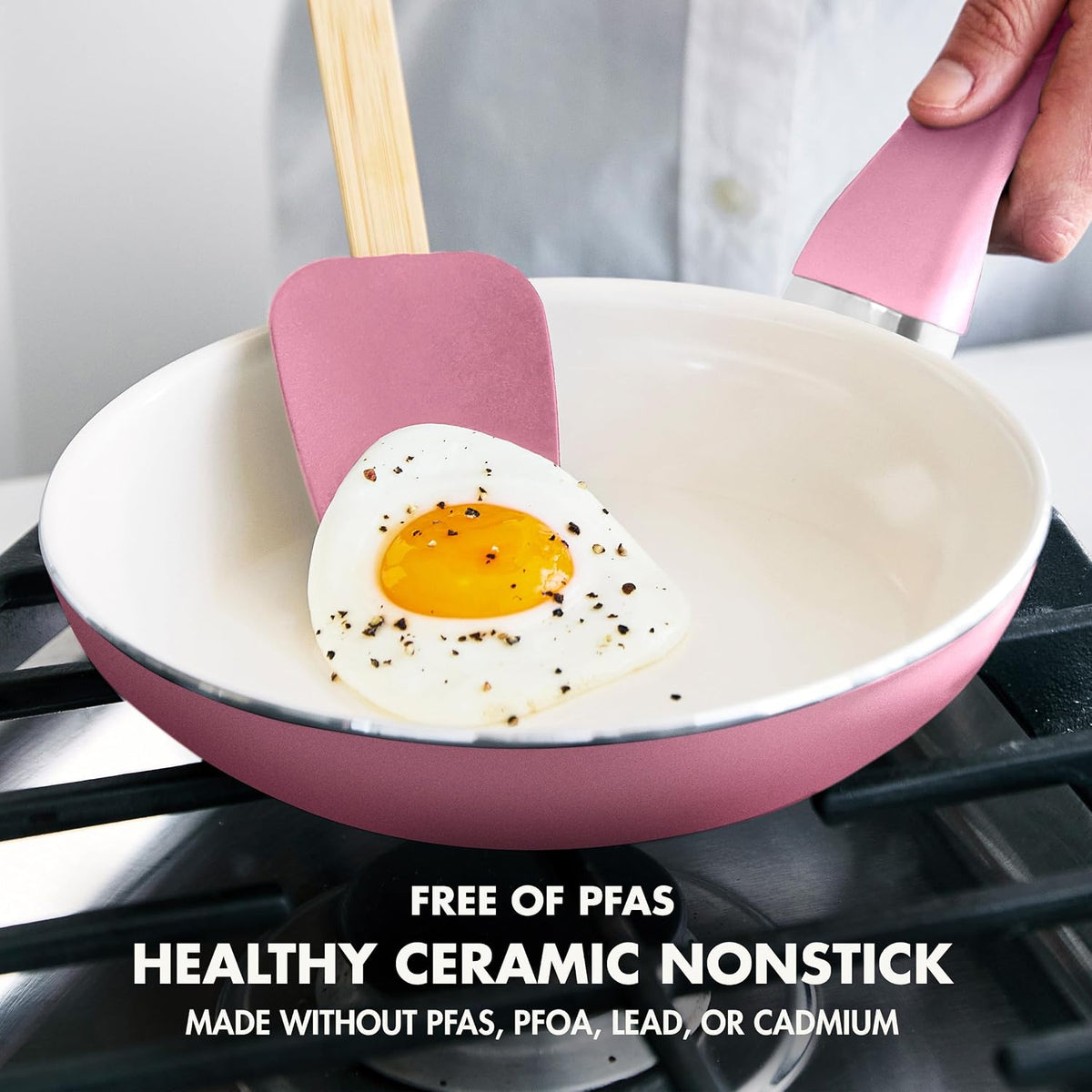 Rio Healthy Ceramic Nonstick 8" Frying Pan Skillet and Silicone Spatula Set, Soft Grip Handle, Breaktfast Meal Set, PFAS-Free, Dishwasher Safe, Oven Safe, Oxford Blue