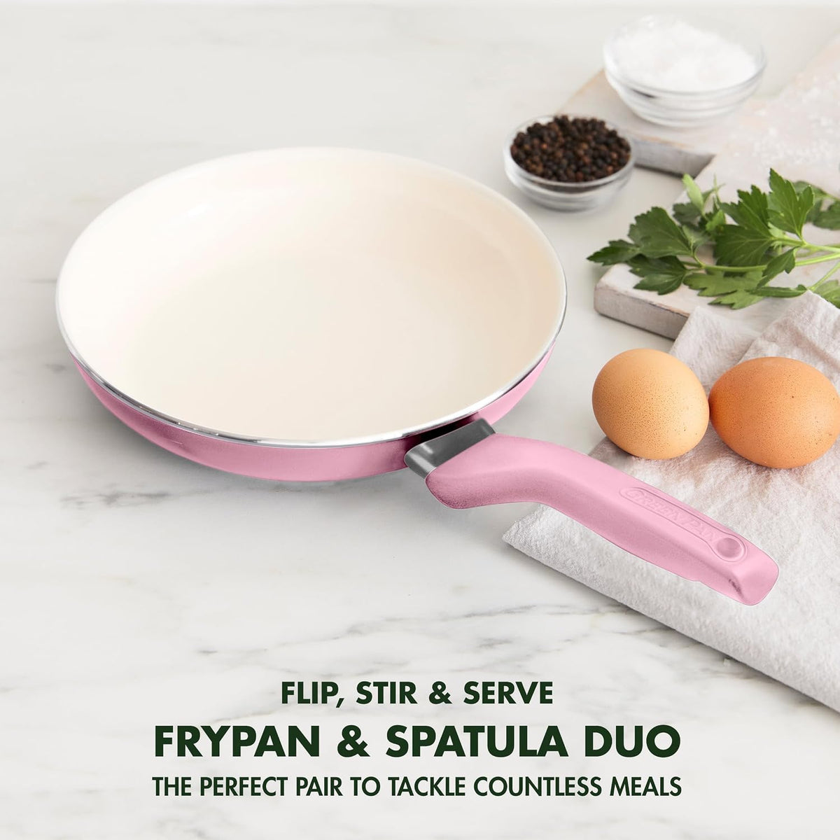 Rio Healthy Ceramic Nonstick 8" Frying Pan Skillet and Silicone Spatula Set, Soft Grip Handle, Breaktfast Meal Set, PFAS-Free, Dishwasher Safe, Oven Safe, Oxford Blue