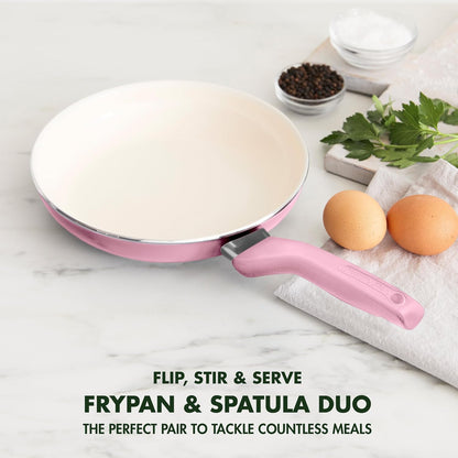 Rio Healthy Ceramic Nonstick 8" Frying Pan Skillet and Silicone Spatula Set, Soft Grip Handle, Breaktfast Meal Set, PFAS-Free, Dishwasher Safe, Oven Safe, Oxford Blue