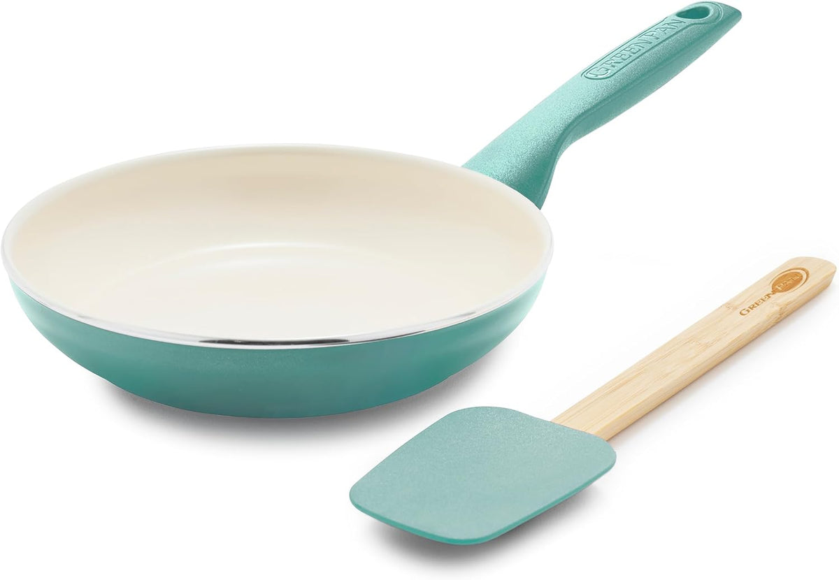 Rio Healthy Ceramic Nonstick 8" Frying Pan Skillet and Silicone Spatula Set, Soft Grip Handle, Breaktfast Meal Set, PFAS-Free, Dishwasher Safe, Oven Safe, Oxford Blue