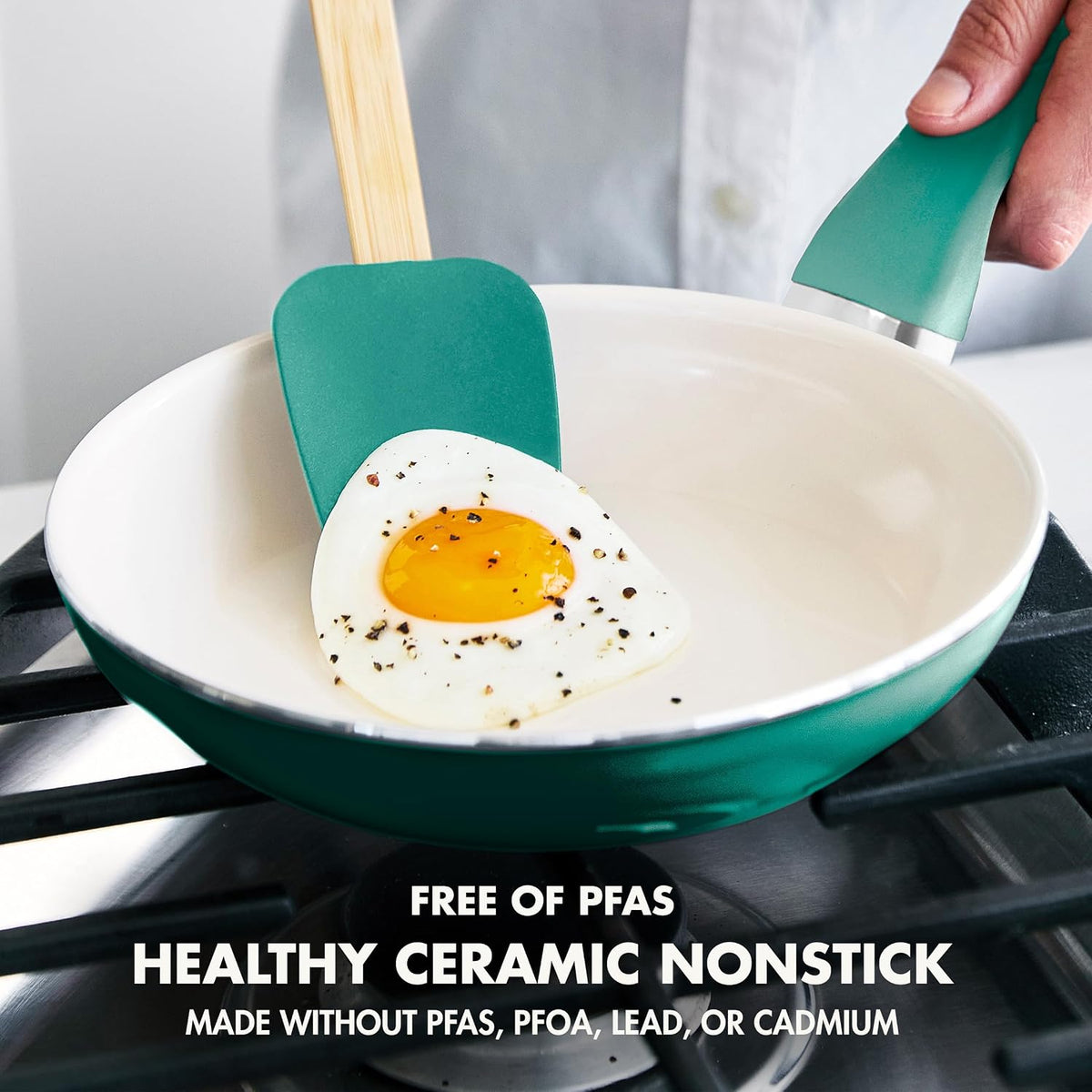 Rio Healthy Ceramic Nonstick 8" Frying Pan Skillet and Silicone Spatula Set, Soft Grip Handle, Breaktfast Meal Set, PFAS-Free, Dishwasher Safe, Oven Safe, Oxford Blue