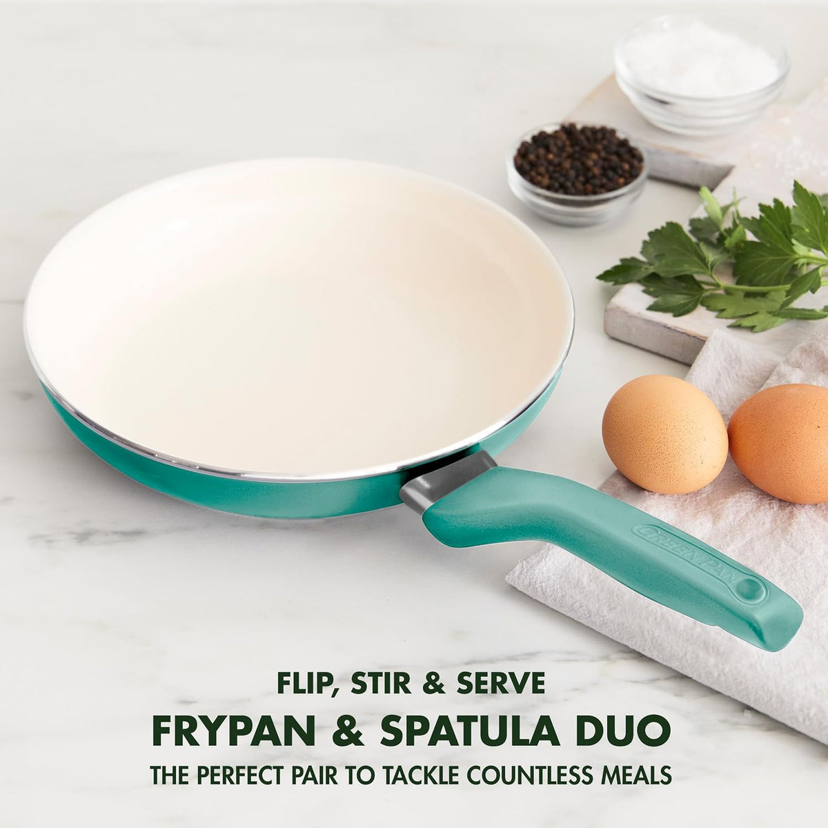 Rio Healthy Ceramic Nonstick 8" Frying Pan Skillet and Silicone Spatula Set, Soft Grip Handle, Breaktfast Meal Set, PFAS-Free, Dishwasher Safe, Oven Safe, Oxford Blue