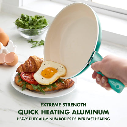 Rio Healthy Ceramic Nonstick 8" Frying Pan Skillet and Silicone Spatula Set, Soft Grip Handle, Breaktfast Meal Set, PFAS-Free, Dishwasher Safe, Oven Safe, Oxford Blue