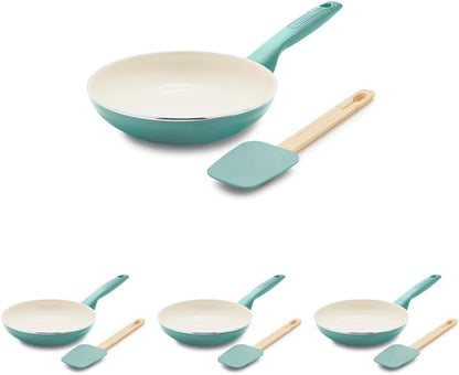 Rio Healthy Ceramic Nonstick 8" Frying Pan Skillet and Silicone Spatula Set, Soft Grip Handle, Breaktfast Meal Set, PFAS-Free, Dishwasher Safe, Oven Safe, Oxford Blue