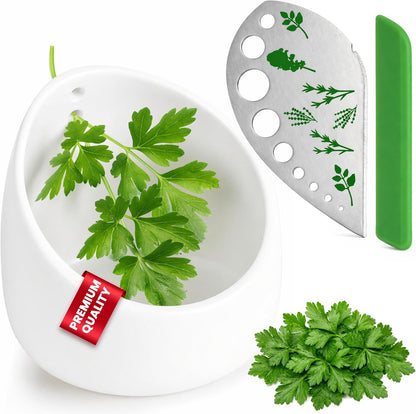 Ceramic Herb Stripper Bowl – with Stainless Steel Multi Size Herb Peeler & Stripping Tool for Thyme Rosemary Basil Kale and Cilantro Elegant Kitchen Stem Remover Rustic Decor Gift for Cooking Lovers