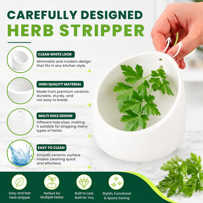 Ceramic Herb Stripper Bowl – with Stainless Steel Multi Size Herb Peeler & Stripping Tool for Thyme Rosemary Basil Kale and Cilantro Elegant Kitchen Stem Remover Rustic Decor Gift for Cooking Lovers