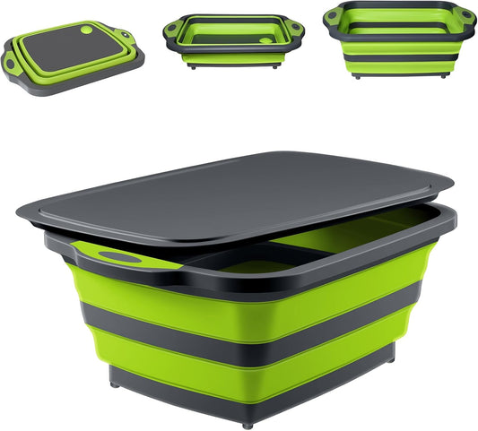 Collapsible BBQ Prep Tub with Lid, 3-in-1 Foldable Sink Tub | BPA-Free Storage Blanket, Food-Grade Portable Cutting Board for Picnics, BBQs, and Travel, Kitchen