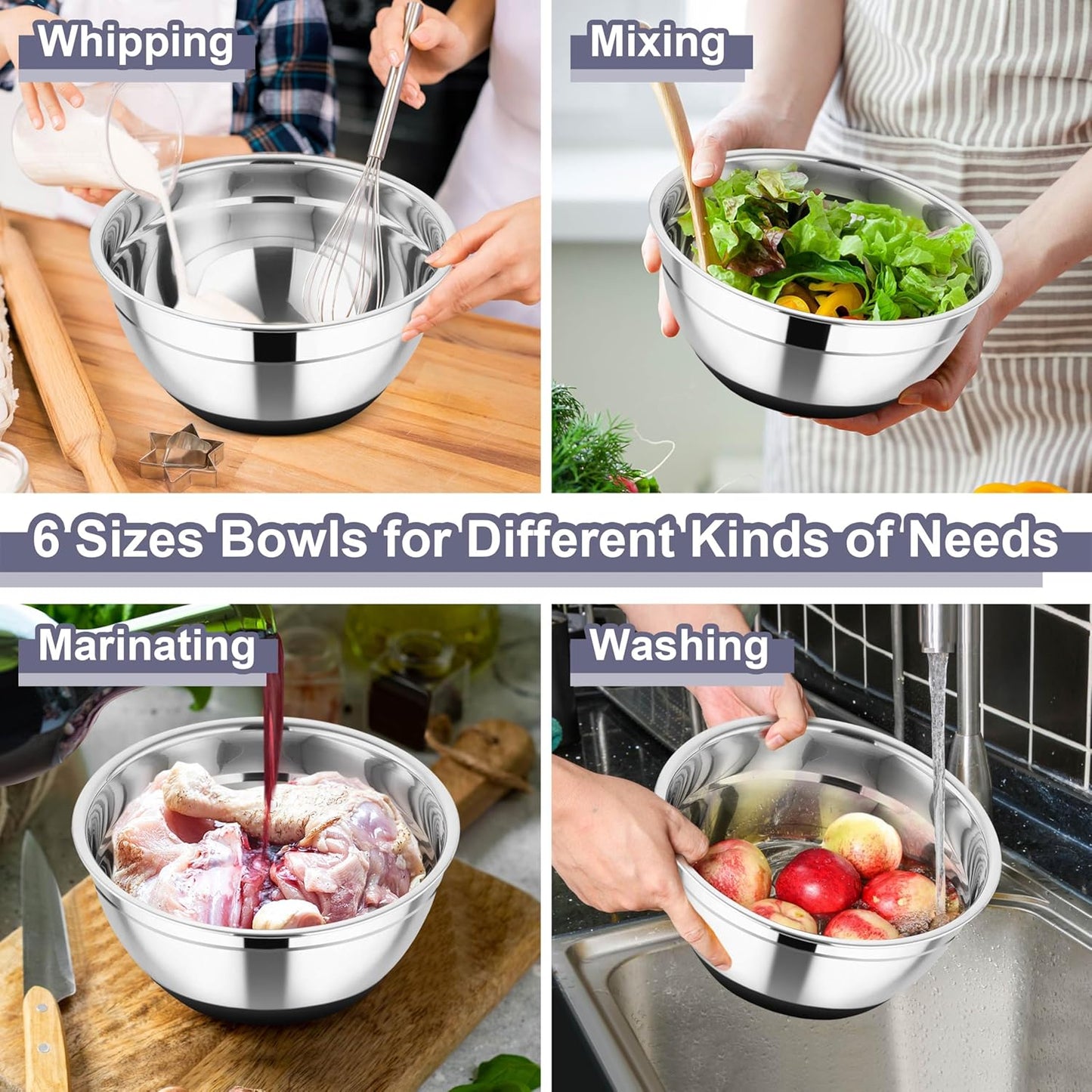 Mixing Bowls, 6 PCS Stainless Steel Nesting Salad Bowl with Lids & 3 Graters, For Kitchen Cooking Serving Prepping, Airtight & Non-Slip, Size 4.6/3.5/2/1.5/1/0.7 QT, Black