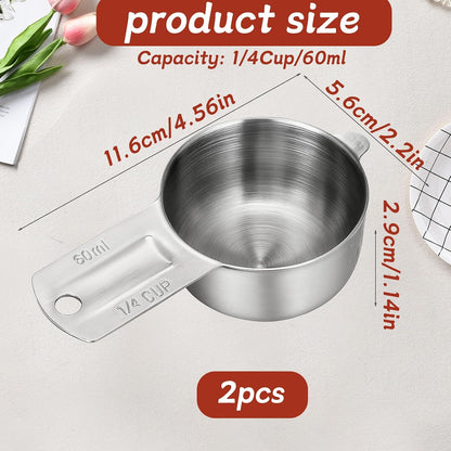 2PCS 1/4 Cup Scoop Measuring Cup (60ml, 2oz) Stainless Steel Coffee Measuring Scoops for Flour Rice Dog Food Wet and Dry Ingredients, Dishwasher Safe