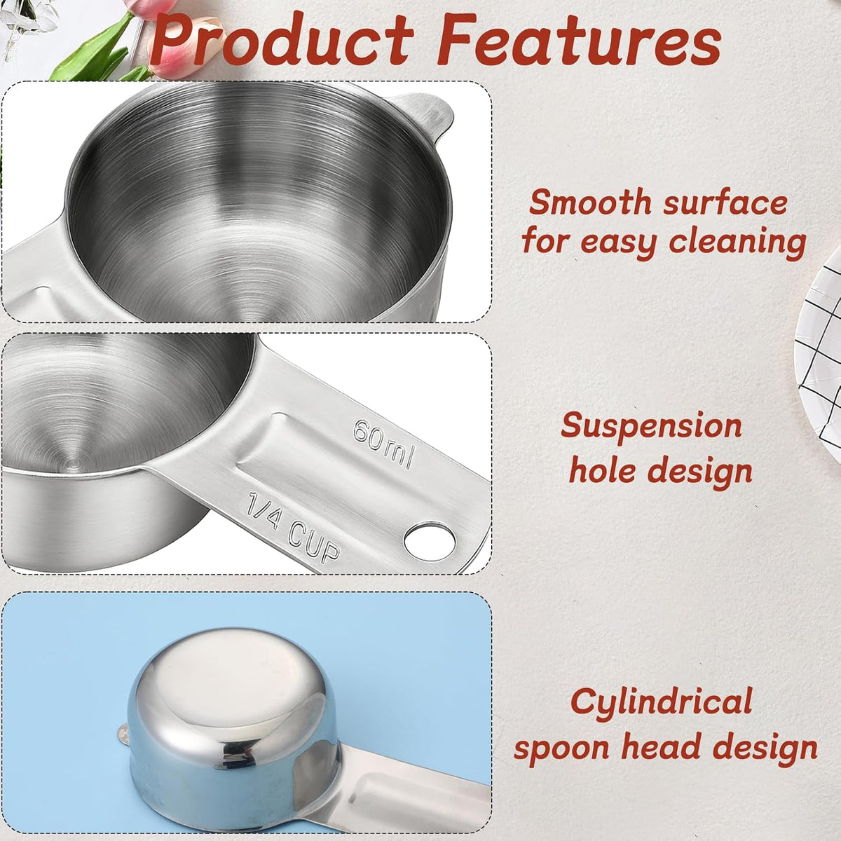 2PCS 1/4 Cup Scoop Measuring Cup (60ml, 2oz) Stainless Steel Coffee Measuring Scoops for Flour Rice Dog Food Wet and Dry Ingredients, Dishwasher Safe