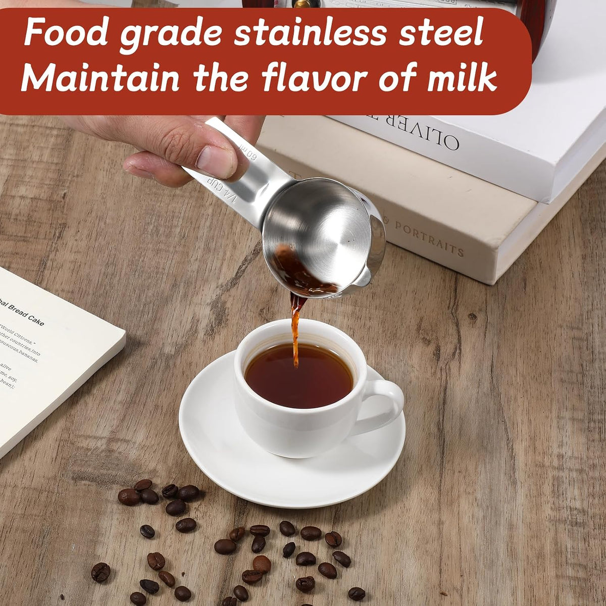 2PCS 1/4 Cup Scoop Measuring Cup (60ml, 2oz) Stainless Steel Coffee Measuring Scoops for Flour Rice Dog Food Wet and Dry Ingredients, Dishwasher Safe
