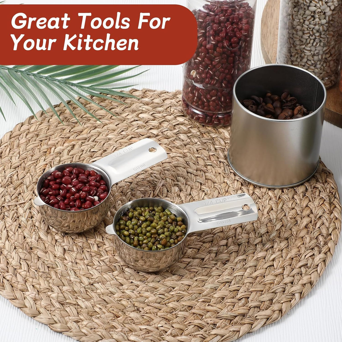2PCS 1/4 Cup Scoop Measuring Cup (60ml, 2oz) Stainless Steel Coffee Measuring Scoops for Flour Rice Dog Food Wet and Dry Ingredients, Dishwasher Safe