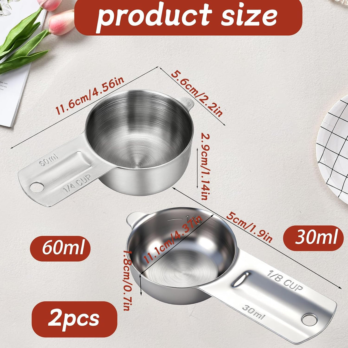 2PCS 1/4 Cup Scoop Measuring Cup (60ml, 2oz) Stainless Steel Coffee Measuring Scoops for Flour Rice Dog Food Wet and Dry Ingredients, Dishwasher Safe