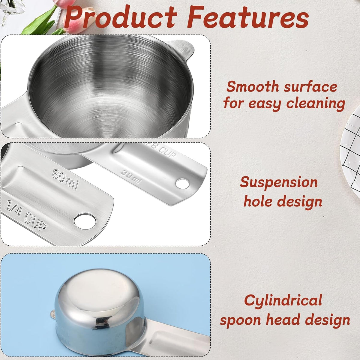 2PCS 1/4 Cup Scoop Measuring Cup (60ml, 2oz) Stainless Steel Coffee Measuring Scoops for Flour Rice Dog Food Wet and Dry Ingredients, Dishwasher Safe