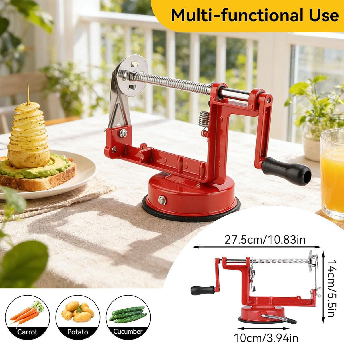 Potato Spiral Cutter, Twisted Potato Slicer Stainless Steel French Fry Cutter Hand Crank Curly Fries Potato Cutter with Suction Base for Potato