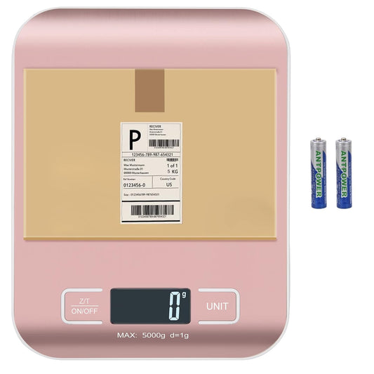 Digital Shipping Scale,Stainless Steel Panel, Accurate Portable Postal Scale for Packages, Small Business,Kitchen, Food, Handmade, Liquids, and Boutique (Rose Gold Battery(5kg/1g))