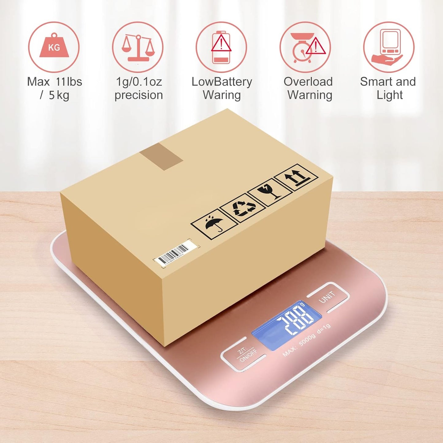 Digital Shipping Scale,Stainless Steel Panel, Accurate Portable Postal Scale for Packages, Small Business,Kitchen, Food, Handmade, Liquids, and Boutique (Rose Gold Battery(5kg/1g))