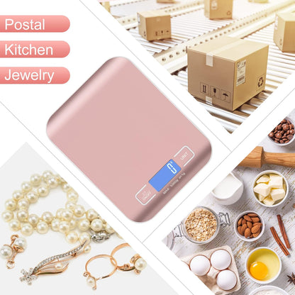 Digital Shipping Scale,Stainless Steel Panel, Accurate Portable Postal Scale for Packages, Small Business,Kitchen, Food, Handmade, Liquids, and Boutique (Rose Gold Battery(5kg/1g))