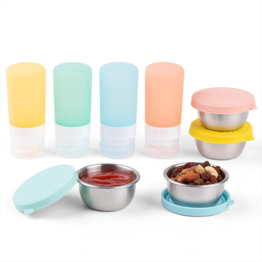 8-Pack Salad Dressing Container To Go, 2-oz Silicone Small Condiment Squeeze Bottles and 1.6 oz Stainless Steel Sauce Containers Cups, Leakproof Condiment Containers with Lids for Lunch Box