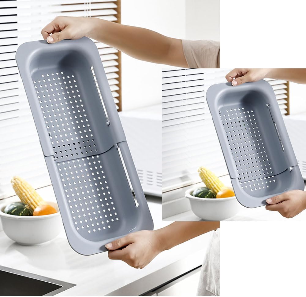 Collapsible Kitchen Colander Strainer, Expandable Over the Sink Colander for Kitchen, Adjustable Silicone Portable Sink Strainer, Foldable Wash Fruits Vegetables Noodle Basket (Grey)