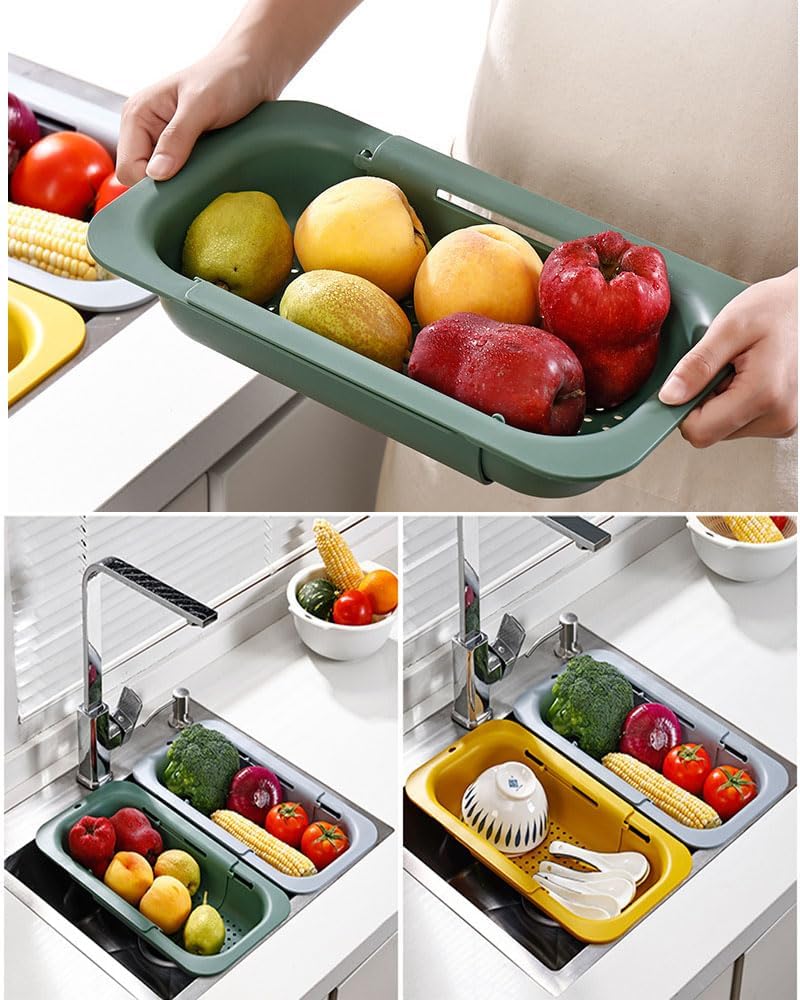 Collapsible Kitchen Colander Strainer, Expandable Over the Sink Colander for Kitchen, Adjustable Silicone Portable Sink Strainer, Foldable Wash Fruits Vegetables Noodle Basket (Grey)