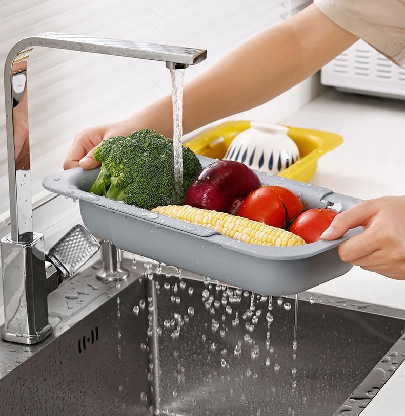 Collapsible Kitchen Colander Strainer, Expandable Over the Sink Colander for Kitchen, Adjustable Silicone Portable Sink Strainer, Foldable Wash Fruits Vegetables Noodle Basket (Grey)