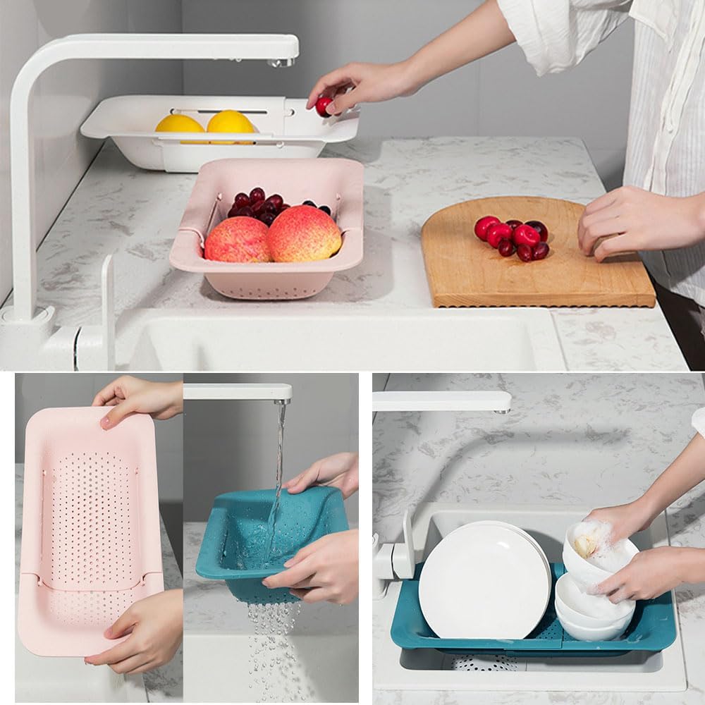 Collapsible Kitchen Colander Strainer, Expandable Over the Sink Colander for Kitchen, Adjustable Silicone Portable Sink Strainer, Foldable Wash Fruits Vegetables Noodle Basket (Grey)