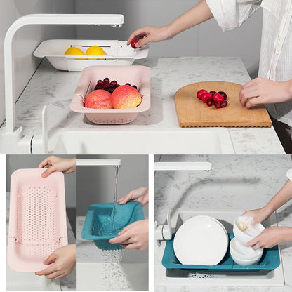 Collapsible Kitchen Colander Strainer, Expandable Over the Sink Colander for Kitchen, Adjustable Silicone Portable Sink Strainer, Foldable Wash Fruits Vegetables Noodle Basket (Grey)