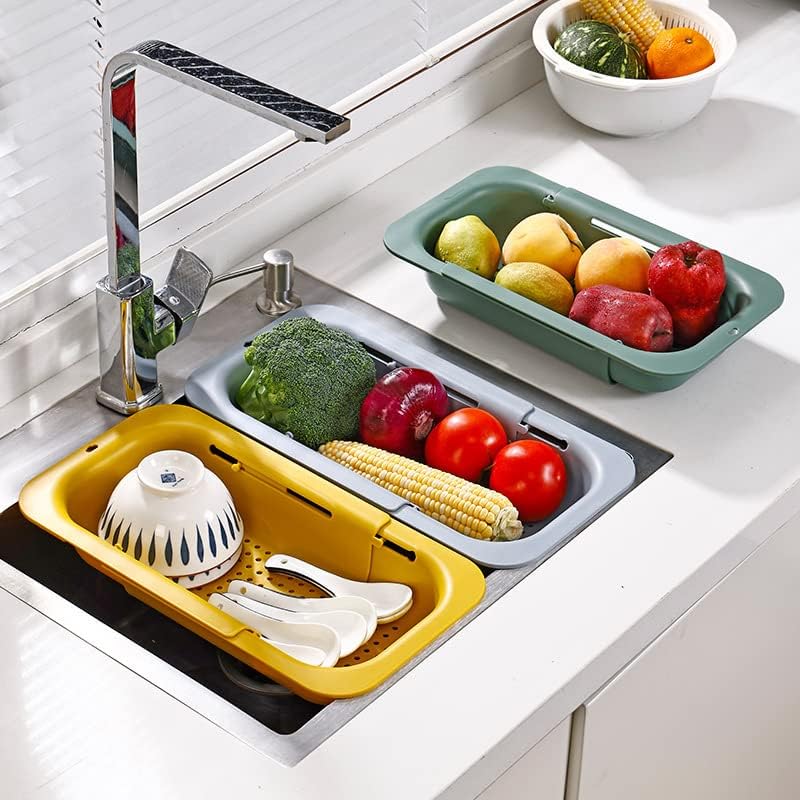 Collapsible Kitchen Colander Strainer, Expandable Over the Sink Colander for Kitchen, Adjustable Silicone Portable Sink Strainer, Foldable Wash Fruits Vegetables Noodle Basket (Grey)