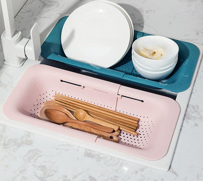 Collapsible Kitchen Colander Strainer, Expandable Over the Sink Colander for Kitchen, Adjustable Silicone Portable Sink Strainer, Foldable Wash Fruits Vegetables Noodle Basket (Grey)