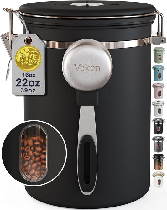 Coffee Canister with Window,Airtight Stainless Steel Pantry Container,Kitchen Food Storage Organizers for Beans,Ground,Espresso,Rice,Tea,Sugar, Cereal, Bar Accessories,Gifts,Lids,Jars,22OZ,Black