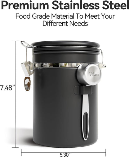 Coffee Canister with Window,Airtight Stainless Steel Pantry Container,Kitchen Food Storage Organizers for Beans,Ground,Espresso,Rice,Tea,Sugar, Cereal, Bar Accessories,Gifts,Lids,Jars,22OZ,Black